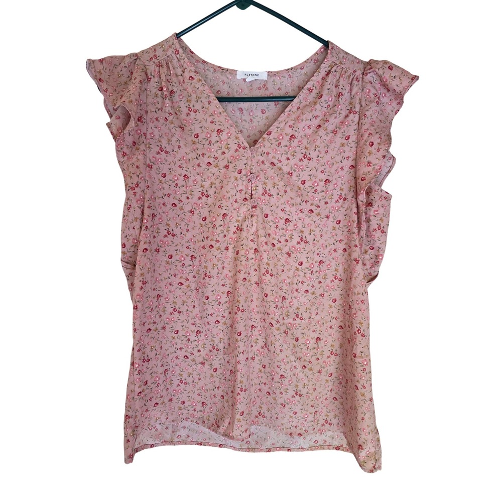 Pleione Womens Pink Floral Ruffle Cap Sleeve‎ V-Neck Blouse Small Cottage Core